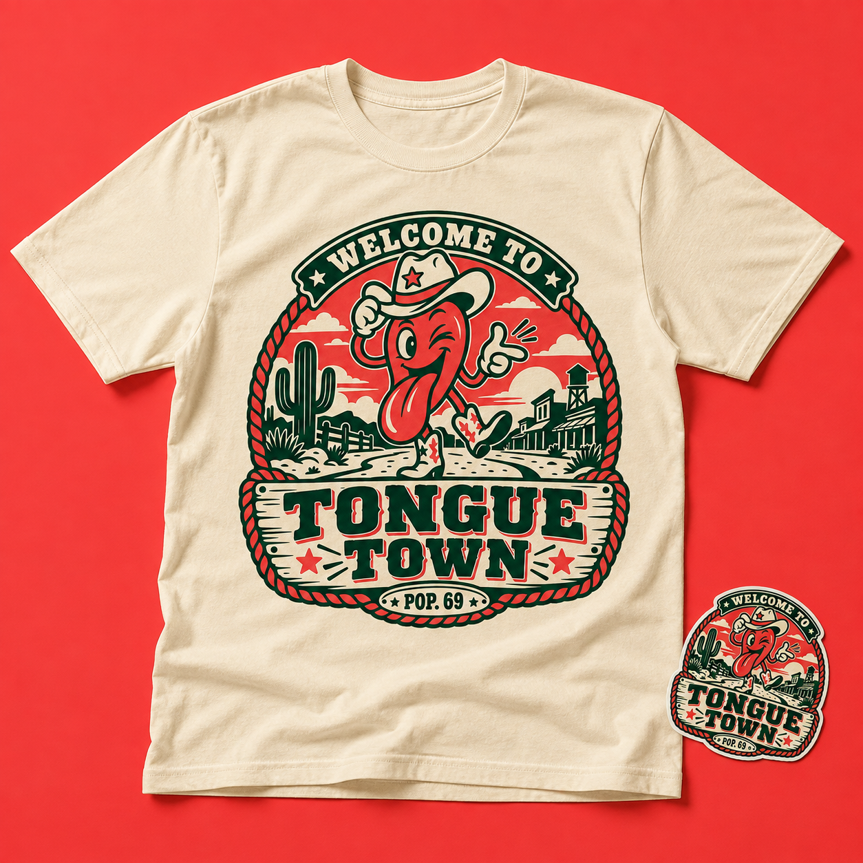 Concept cream T-shirt and die-cut sticker with the Welcome to Tongue Town cowboy logo